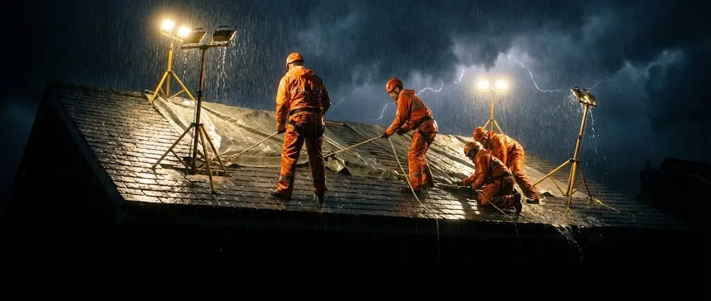 Roofing crew performing emergency storm damage repairs